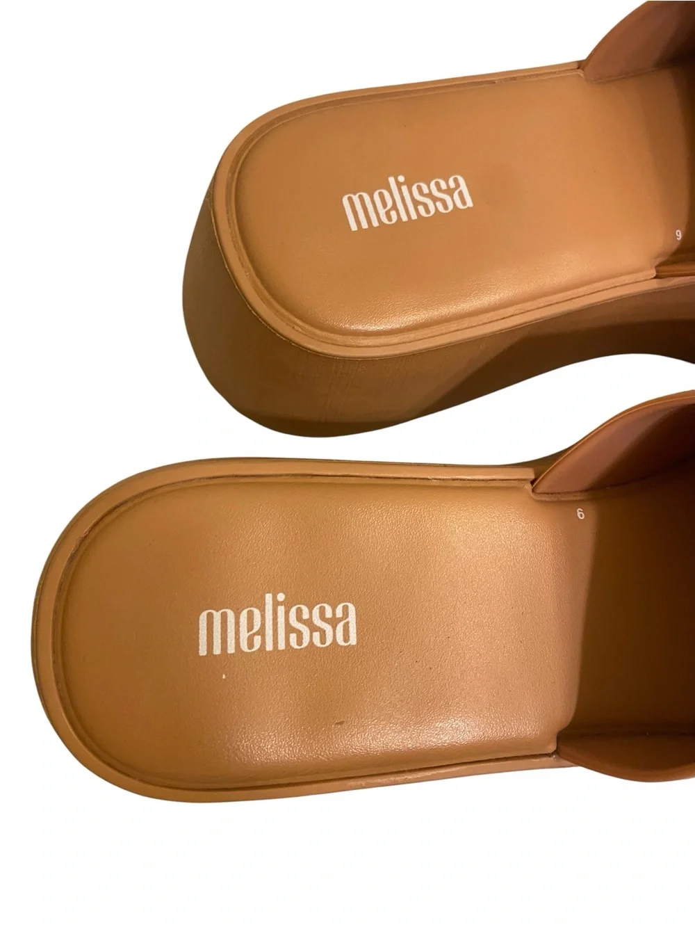 MELISSA WOMENS PLATFORM SLIDES IN CAMEL TAN SIZE 7 CHUNKY TRENDY EXPENSIVE